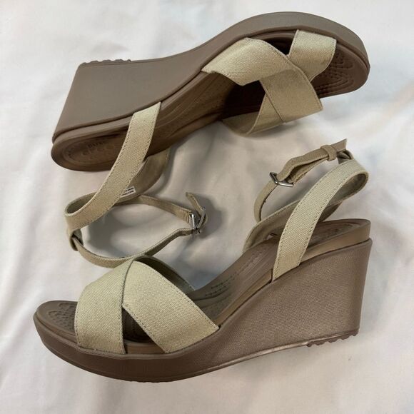 Crocs Leigh II Cross Strap Ankle Wedge Sandal Tan Beige Size 10 Open Toe Neutral - Picture 1 of 10